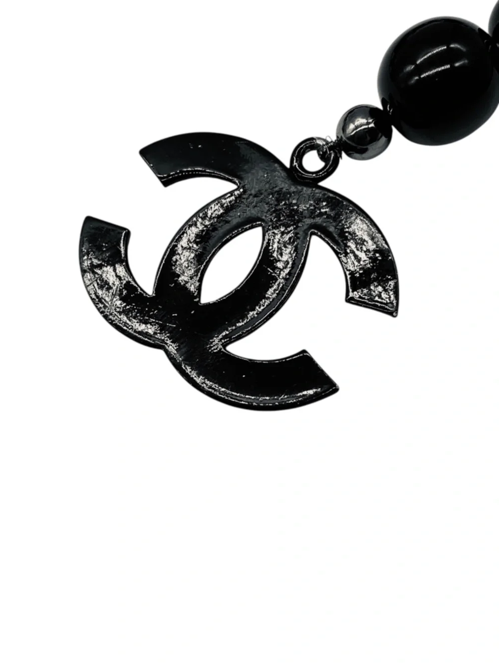 CHANEL GUNMETAL / BLACK 2003 LARGE BEAD AND CC LOGO PENDANT CHAIN BELT
